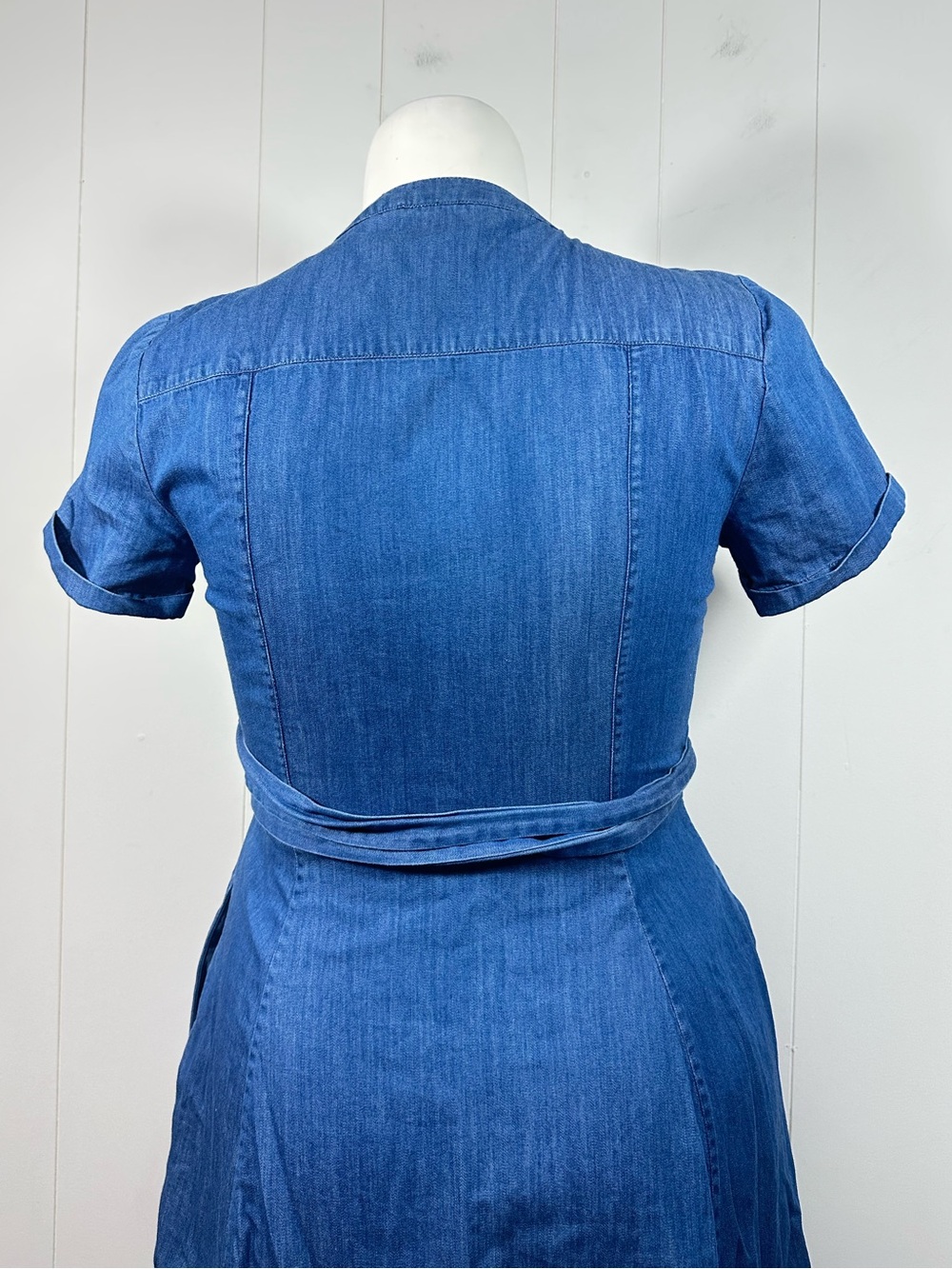 Boden Sz 8R Denim Fit & Flare Faux Wrap Cotton Dress Women’s Blue Short Sleeve - Picture 9 of 15